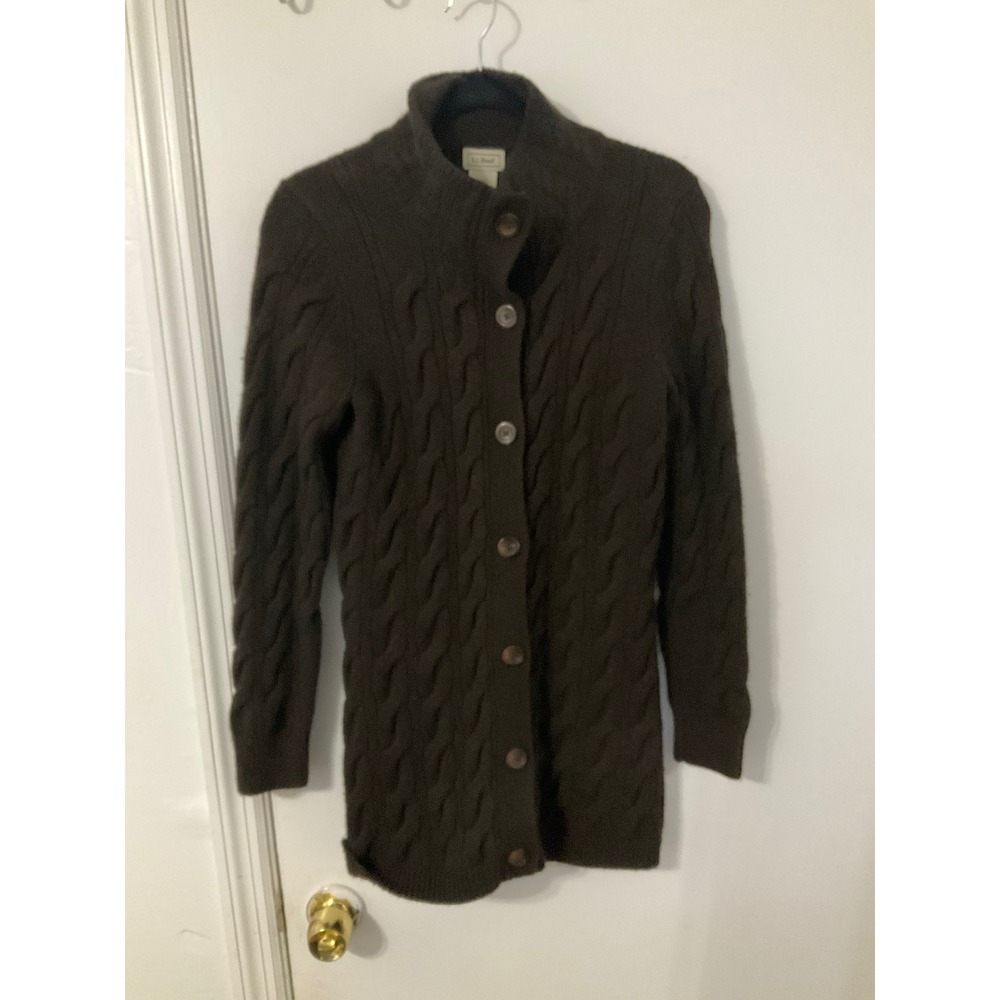 LL Bean Womens Brown Cable Knit Wool Blend Cardigan Sweater M 278406